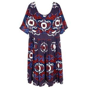 eShakti Red and Blue Cotton Boho Print Dress
